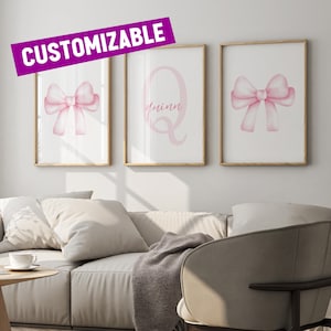 Gepersonaliseerde roze strik aquarel naam wordt afgedrukt voor meisjes Set van 3 aangepaste eerste kinderkamer muur kunst afdrukbare baby meisje decor digitale download