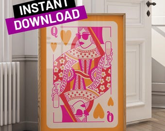 May include: A digital illustration of the Queen of Hearts playing card. The queen is wearing sunglasses and holding a glass of champagne. The card is on a bright orange background with a pink and yellow design.