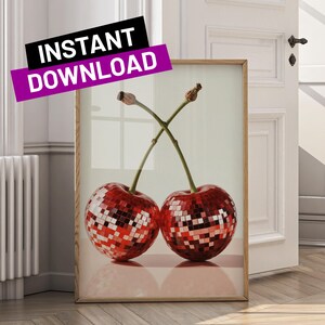 Disco Cherries Art Print Funky Fruit Wall Art Retro Kitchen Decor Digital Download