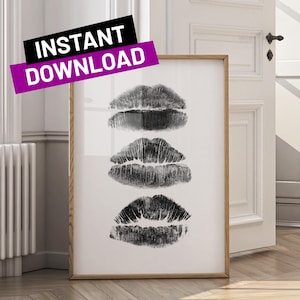 Kiss Lips Print, Trendy Wall Art, Black Lips Poster, Dark Coquette Room Decor, Digital Prints, Preppy Dorm Aesthetic, Funky Printable Art