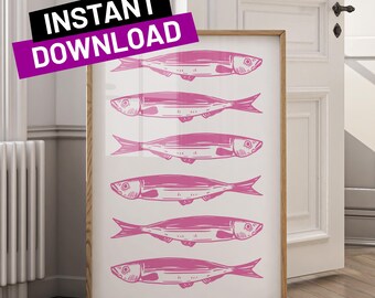 Pink Sardines Art Print | Retro Tin Fish Decor | Funky Kitchen Poster | Digital Download