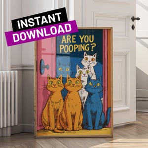 Funny Cat Bathroom Wall Art Digital Print Toilet Poster Maximalist Pooping Cat Artwork Printable for Bathroom Decor or Gallery Wall