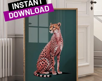 Pink Cheetah Art Print: Emerald Green Maximalist Decor (Digital Download)