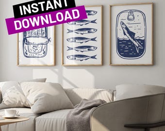 Blue Sardines Art Print Set: Retro Kitchen Decor (Digital Download)
