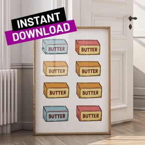 Butter Print Colorful Kitchen Wall Art Butter Sticks Art Trendy Kitchen Decor Funny Foodie Poster Illustrated Butter Print Digital Download