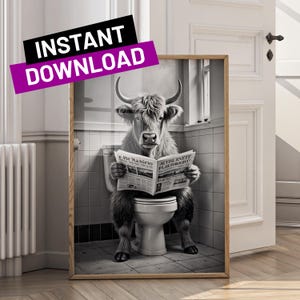 Highland Cow On Toilet Wall Art Funny Bathroom Decor Animal Reading Newspaper Print Digital Download Printable Farmhouse Bathroom Art