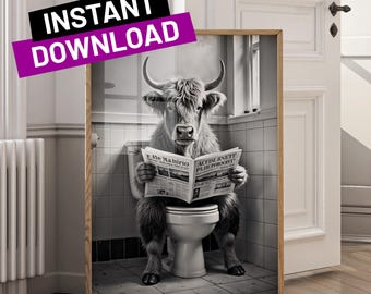 Funny Highland Cow Bathroom Print: Toilet Newspaper Art (Digital Download)