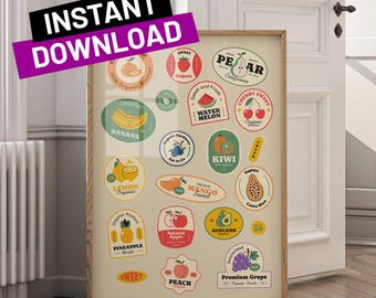 Vintage Fruit Stickers Art Print: Retro Kitchen Decor (Digital Download