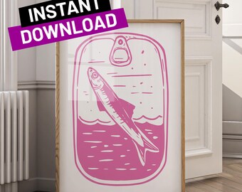 Pink Sardines Art Print | Retro Tin Fish Decor | Funky Kitchen Poster | Digital Download