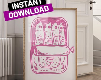 Pink Sardines Art Print | Retro Tin Fish Decor | Funky Kitchen Poster | Digital Download