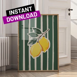 Lemons Art Print Lemons and Green Stripes Modern Wall Art Kitchen Wall Decor Cute Lemon Print Digital Download