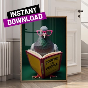 Pigeon drôle salle de bain Art imprimable oiseau drôle caca sur les gens décoration murale toilette tendance humour téléchargement numérique impression maison drôle