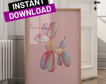 May include: A colorful balloon animal shaped like a dog on a pink background. The balloon animal is made of multiple balloons in shades of pink, blue, yellow, and green.