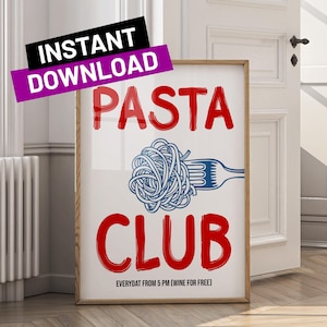 Hand Drawn Pasta Print Pasta Club Poster Retro Kitchen Wall Art Digital Download Modern Dining Room Decor Pasta Lover Gift Food Illustration