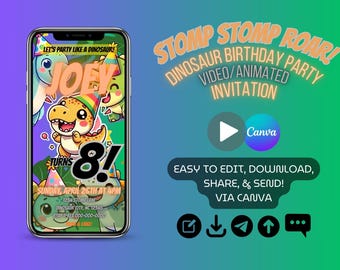 Dinosaur Video birthday invitation, Animated Dino Birthday invite, Stomp Roar invitation, Editable mobile invitation, Kids Birthday