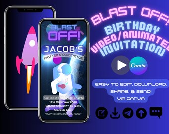 Outer Space Any Age Birthday Animated Video Invite Astronaut Rocket Ship Invitation Blast Off Galaxy Planets