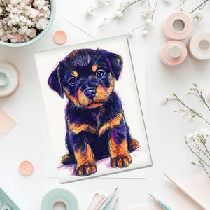 Cartão para impressão de filhote de Rottweiler desenhado à mão – Cartão de felicitações em branco 5x7 com modelo de envelope – Download instantâneo