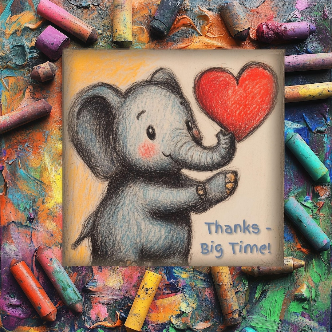Printable Elephant Thank You Card | 5x5 PNG | Hand Drawn Elephant Art ...