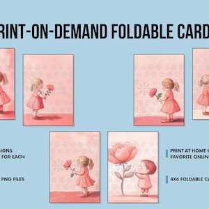 Lot de 4 cartes pliables imprimables de 6 po. | Doux enfant tenant une fleur | 12 fichiers PNG