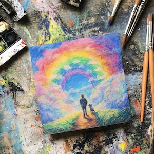 Perte d'animal de compagnie de Rainbow Bridge | Carte imprimable 5 x 5 avec enveloppe | Carte de sympathie dessinée à la main pour la perte d'un animal de compagnie