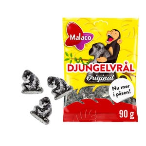 Malaco Djungelvrål zoute drop-snoep, zak 90 g, Zweedse zwarte drop met salmiak, sterke Scandinavische gummysnack, gratis verzending