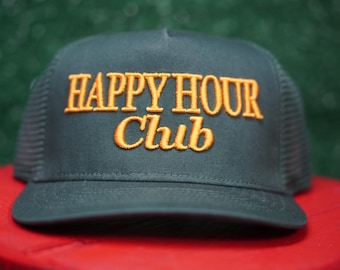 Embroidered Happy Hour Club Trucker Hat, Green Retro Bar Snapback