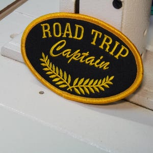 Road Trip Captain Patch, Vintage Embroidered Oval, Golden Stitch Adventure Badge