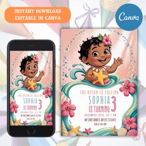 Baby Moana Geburtstagseinladung, bearbeitbare digitale Hawaiian Moana Geburtstag einladen, Kinder Thema Party Einladung, digitale Baby Moana Vorlage