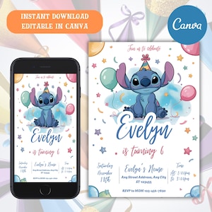 Stitch Editable Birthday Invitation Template, Printable Birthday Party Invitations, Digital Kids Party Invite, Digital Bday Card Invite