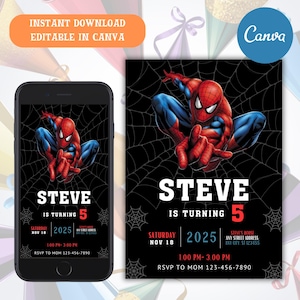 Convite do Homem-Aranha, convite digital para festa de aniversário dos meninos do Homem-Aranha, cartão de aniversário infantil, download digital, modelo editável do Canva