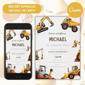 Editable Construction Birthday Invitation, Editable Dump Trucks Party Invite Template, Boy Outdoor Birthday, Excavator, Instant Download