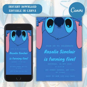 Stitch Editable Birthday Invitation Template, Printable Birthday Invitations, Digital Kids Party Invite, Digital Bday Card Invite, Stitch