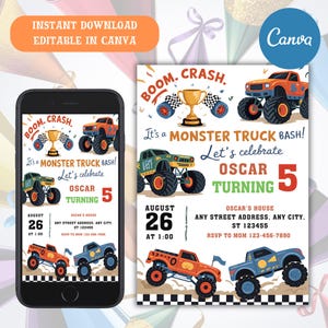Monster Truck Birthday Invitation, Editable Canva Template, Boys 2nd Birthday Invite, Monster Jam Party, Watercolor Trucks Theme