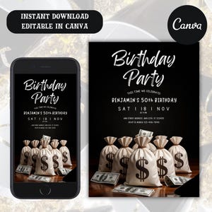 Digitale uitnodiging voor het feestje van geld, uitnodiging geld, geld Evite, uitnodiging deelbaar geld, pensioenuitnodiging, bewerkbare canva-sjabloon