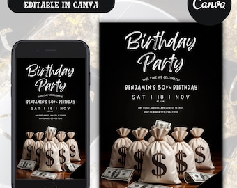 Money Party Digital Invitation, Money Invitation, Money Evite, Shareable Money Invitation, Retirement Invitation, Editable Canva Template