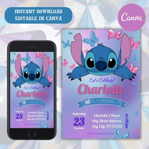 Stitch Editable Birthday Invitation, Printable Kids Birthday Party Invitations, Digital Kids Party Invite, Lilo and Stitch B'day Invitation