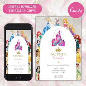 Princess Birthday Invitation, Girl Editable Invite Template, Printable Castle Invitation, Once Upon A Time Royal Party, Instant Download