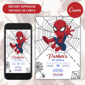 Invitation Spider Man, Invitation numérique pour fête d'anniversaire garçons Spider-man, carte d'anniversaire pour enfants, téléchargement numérique, modèle modifiable
