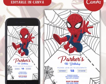 Spider Man Invitation, Spider-man Boys Birthday Party Digital Invitation, Kids Birthday Card, Digital Download, Editable Template