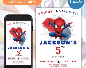 Spider-Man verjaardagsuitnodiging, bewerkbare en afdrukbare sjabloon, leuke Spider-Man-feestuitnodiging, eenvoudig te bewerken in canvas, direct downloaden