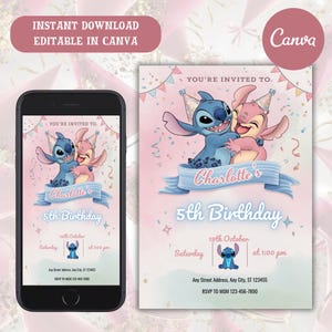 Stitch Editable Birthday Invitation, Printable Birthday Party Evite, Stitch Digital Kids Party Invite, Editable Canva Template, Download