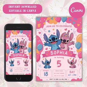 Stitch Editable Birthday Invitation Template, Printable Birthday Invitations, Digital Kids Party Invite, Digital Bday Card Invite, Stitch