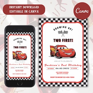 Cars Birthday Party Invitation, Lightning Mcqueen Birthday, Cars Party Invite, Second Birthday Party Invitation, Two Fast, 2, Tow Mater Cars