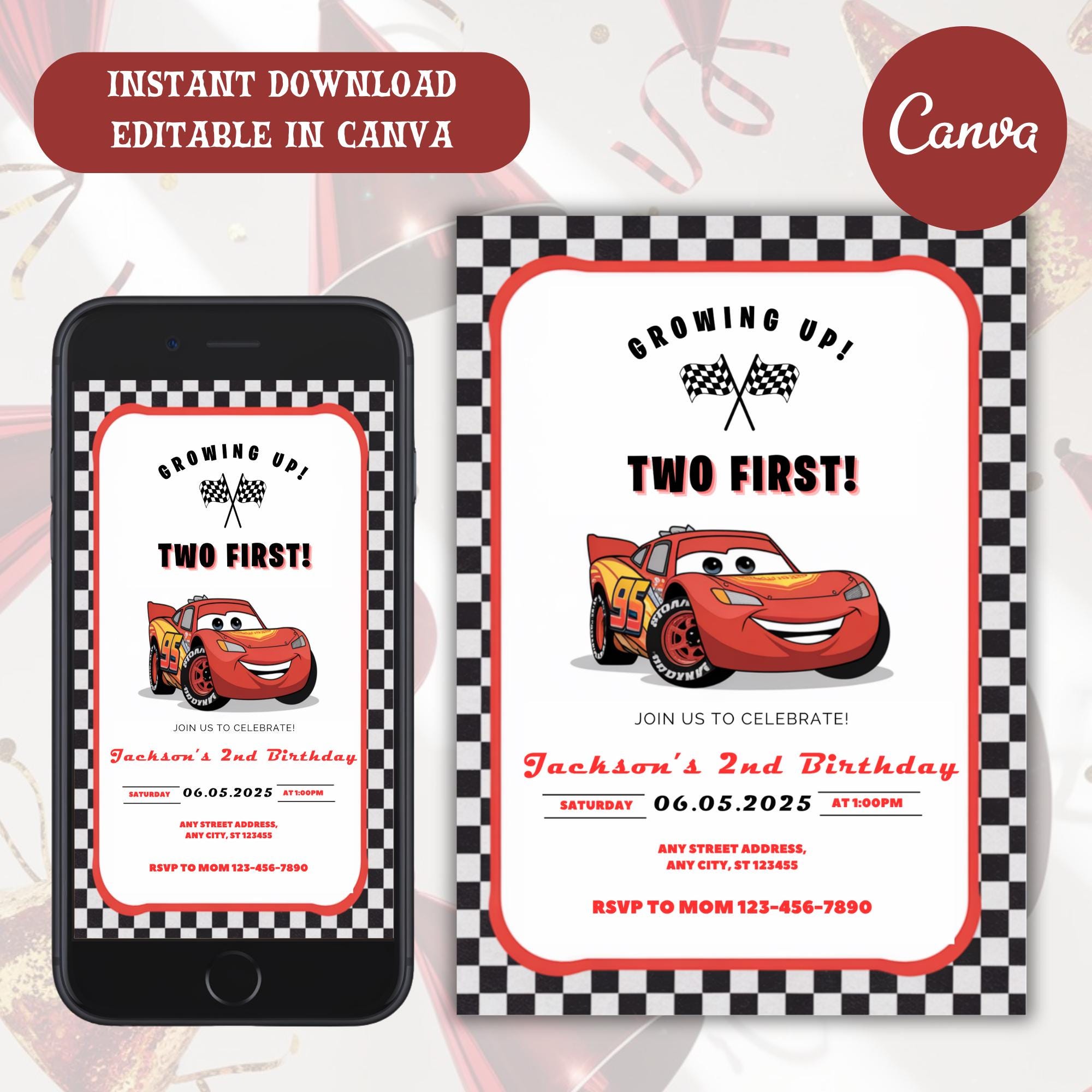 Cars Birthday Party Invitation, Lightning Mcqueen Birthday, Cars Party Invite, Second Birthday Party Invitation, Two Fast, 2, Tow Mater Cars