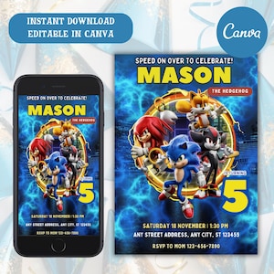 Sonic 3 Birthday Invitation, Super Hedgehog Boys Party Invite, Super Sonic Party Invitation, Editable Sonic Invite Template, Canva Template