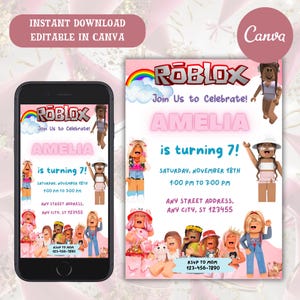 Roblox Invitation, Roblox Birthday Invitation, Roblox Game Party, Girl Roblox Invite, Printable Editable Template Canva Instant Download