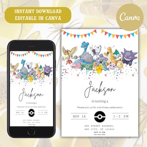 Invitation d'anniversaire Pokémon, faire-part d'anniversaire imprimable, faire-part d'anniversaire moderne 5 ans, invitation d'anniversaire, thème d'anniversaire moderne