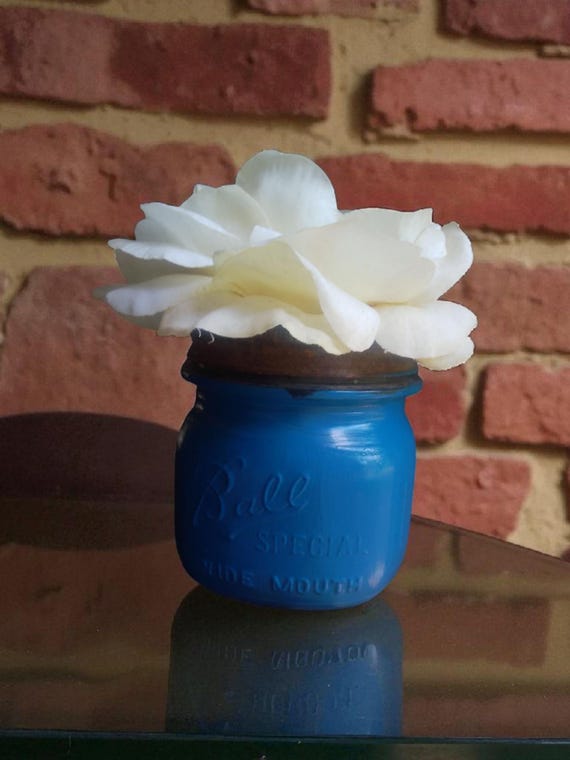 Hand Painted Vintage Mason Jar Vase: Farmhouse Blue Flower Decor