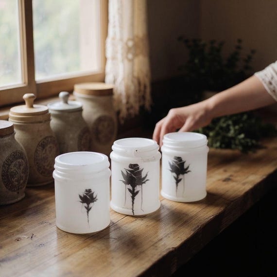 Vintage MethylatumMilky White Ceramic Jars with Black Rose Design – Gothic Minimalist Home Decor