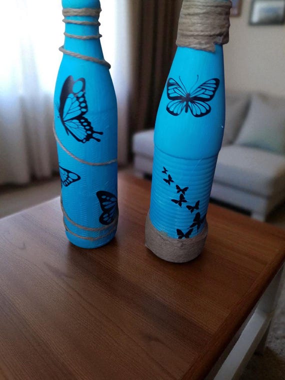 Hand Painted Blue Glass Bottles with Black Butterfly Design – Rustic Twine Wrapped Decorative Vase
